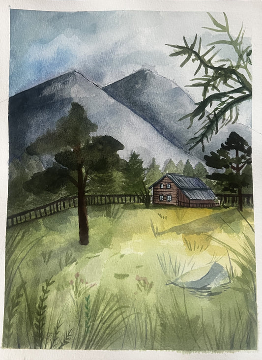 Original Landcape with Cabin Watercolor